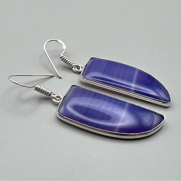 New Purple Bostwana Agate Onyx Silver Overlay Hook Dangle Earrings - Picture 2 of 5